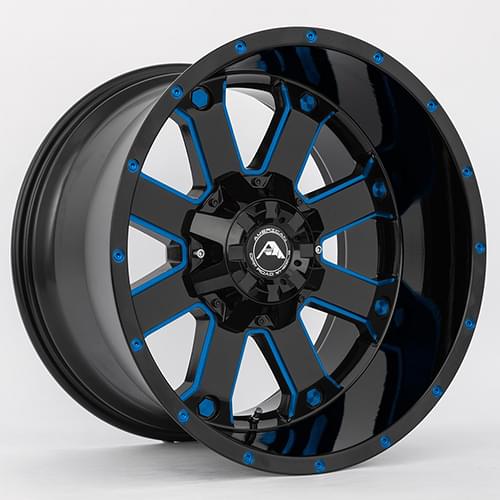 American Offroad A108 Gloss Black W/ Blue Milled Spokes - Part Number A10820A2xxx-44BMI-539Blue American Offroad A108 Gloss Black W/ Blue Milled Spokes Photo