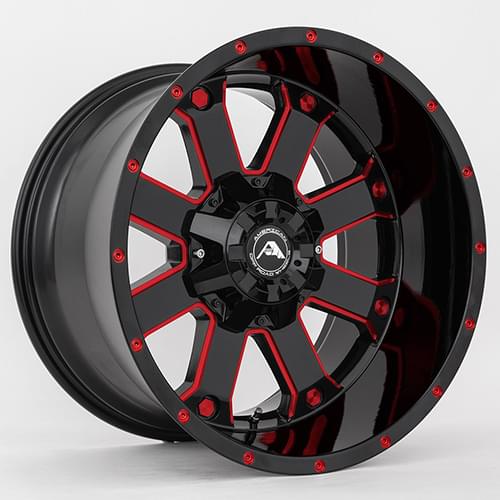 American Offroad A108 Gloss Black W/ Red Milled Spokes - Part Number A10820A0xxx-24BMI-639Red American Offroad A108 Gloss Black W/ Red Milled Spokes Photo